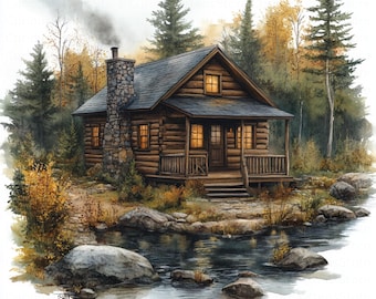 Cabin in woods clipart watercolor log cabin jpgs digital download rustic forest  woodland printable cozy nature decor camping graphic design