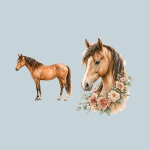 May include: A watercolor illustration featuring a full-body brown horse standing in profile and a separate portrait of a brown horse head adorned with a cluster of pink and white flowers and green leaves against a solid light blue background.