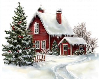 Watercolor christmas farmhouse clipart holiday illustration digital download rustic winter home printable country cottage graphic design
