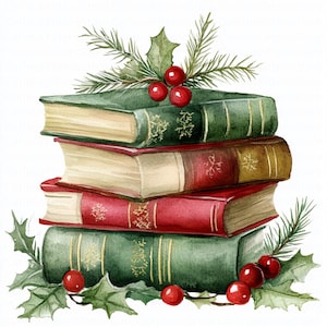 May include: A stack of four books with green, red, and brown covers, decorated with gold accents. The books are adorned with holly leaves, red berries, and pine needles, creating a festive holiday theme. The image is a watercolor illustration.