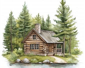 Watercolor cabin in the woods clipart jpg collage images digital download rustic forest illustration woodland printable cozy nature graphic