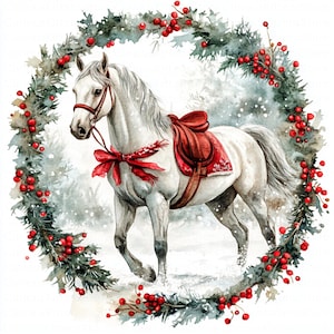 Watercolor Christmas Horses Clipart: 5 JPGs for Card Making (Digital Download
