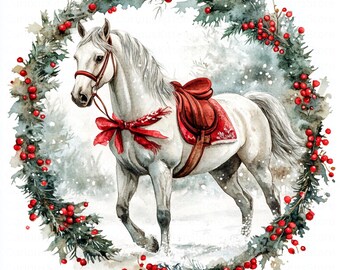 Watercolor christmas horse clipart holiday card making digital download festive equestrian illustration winter printable card design graphic