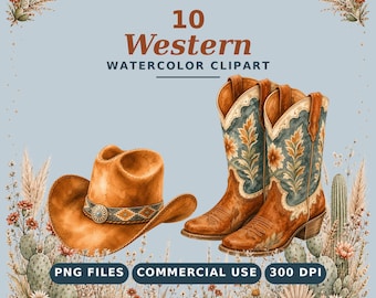 10 PNG Western Clipart Bundle Watercolor Cowboy Hat Boots Cactus Transparent Background Commercial Use Rodeo Cowgirl Party Sublimation Art