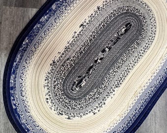 Handmade Cotton Jelly Roll Rug: Blue, Black, and Cream (42"x28")