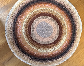Handmade Cotton Circular 36" Rug: Coffee, Caramel, Gold and Peach tones. Machine Wash/Dry.