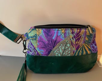 Green Leather Clutch with Cotton Foliage Accent Material, 1 Pocket, Wrist Strap, and Removable Tassel