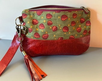 Leather and Cotton Clutch: Cherry Red with Removable Tassel