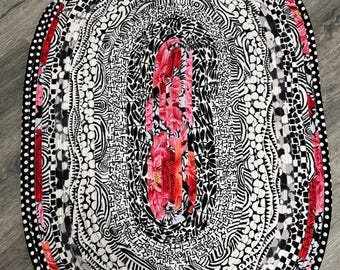 Kaffe Fassett Cotton Oval Rug: Black White Geometric Floral Design (42"x28")