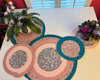 Handmade Jelly Roll Placemats (Various Sizes): Floral Burgundy, Teal, Pink, Cream. Machine Washable.