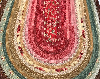 Alfombra ovalada de algodón con estampado floral hecha a mano: burdeos, rosa, verde salvia, crema y cacao (42" x 28,5")