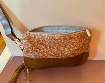 Leather Clutch: Tan Floral Cotton Fabric, Removable Tassel