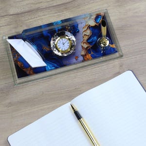 Placa de escritorio personalizada / Placa de escritorio de vidrio con reloj, bolígrafo y tarjetero, placa de escritorio personalizada, letrero de escritorio