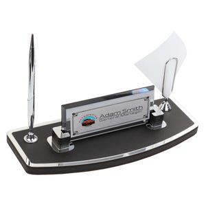 Placa de madera personalizada para nombre de escritorio, patrón de cuero negro, accesorios de escritorio de oficina, juego de organizador de escritorio, bolígrafo de firma, placa de nombre de escritorio