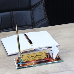 Plaque nominative de bureau personnalisée | Plaque signalétique de bureau en verre avec stylo signature et porte-cartes, plaque signalétique de bureau personnalisée, enseigne de bureau