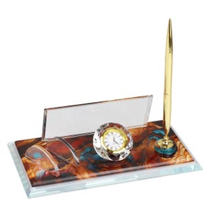 Plaque nominative de bureau personnalisée | Plaque signalétique de bureau en verre avec horloge, stylo et porte-cartes, plaque signalétique de bureau personnalisée, enseigne de bureau