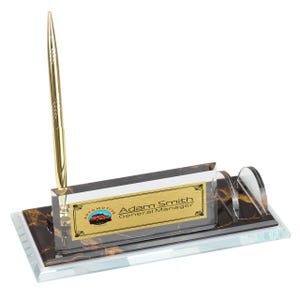Plaque nominative de bureau personnalisée | Plaque signalétique de bureau en verre avec stylo signature et porte-cartes, plaque signalétique de bureau personnalisée, enseigne de bureau