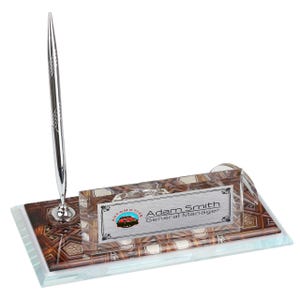 Plaque nominative de bureau personnalisée | Plaque signalétique de bureau en verre avec horloge, stylo et porte-cartes, plaque signalétique de bureau personnalisée, enseigne de bureau