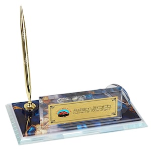 Plaque nominative de bureau personnalisée | Plaque signalétique de bureau en verre avec horloge, stylo et porte-cartes, plaque signalétique de bureau personnalisée, enseigne de bureau