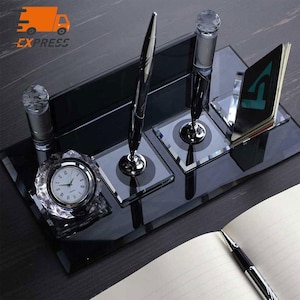 Placa de identificación de escritorio personalizada / Placa de identificación de escritorio de vidrio negro con reloj, bolígrafo y tarjetero, placa de identificación de escritorio personalizada, letrero de escritorio