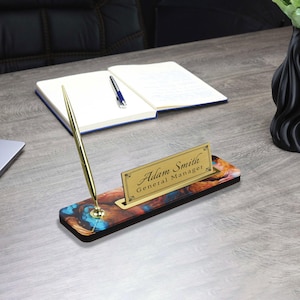 Placa de identificação de mesa de luxo personalizada | Placa de identificação de mesa de madeira estampada com suporte para caneta, placa de identificação de mesa personalizada, placa de escritório, placa de mesa