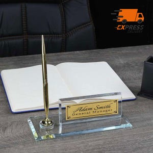 Placa de identificación de escritorio de lujo personalizada / Placa de identificación de escritorio de vidrio transparente con soporte para bolígrafo, placa de identificación de escritorio personalizada, letrero de oficina, letrero de escritorio