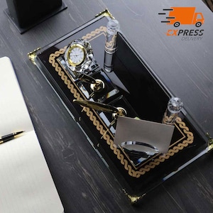 Placa de identificación de escritorio elegante personalizada / Placa de identificación de escritorio de vidrio negro con reloj, porta bolígrafos y tarjetero, placa de identificación de escritorio personalizada, letrero de escritorio