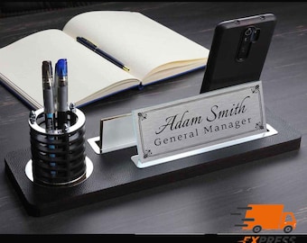 Personalized Black Leather Desk Name Plate: Wood Office Decor, New Job Gift