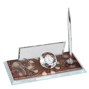 Plaque nominative de bureau personnalisée | Plaque signalétique de bureau en verre avec horloge, stylo et porte-cartes, plaque signalétique de bureau personnalisée, enseigne de bureau