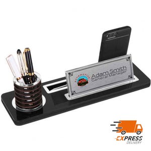 Personalisiertes Luxus Schreibtisch-Namensschild | Schwarz Holz Schreibtisch Namensschild mit Stift und Kartenhalter, Schreibtisch Accessoires, Schreibtisch Schild