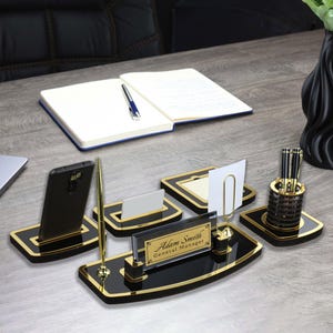Personalisiertes Luxus Schreibtisch-Namensschild-Set | Schwarz Holz Schreibtisch Namensschild mit Stift und Kartenhalter, benutzerdefinierte Schreibtisch Namensschild, Schreibtischschild