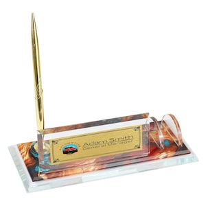 Placa de escritorio personalizada / Placa de escritorio de vidrio con bolígrafo y tarjetero, placa de escritorio personalizada, letrero de escritorio