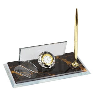 Plaque nominative de bureau personnalisée | Plaque signalétique de bureau en verre avec horloge, stylo et porte-cartes, plaque signalétique de bureau personnalisée, enseigne de bureau