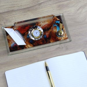 Plaque nominative de bureau personnalisée | Plaque signalétique de bureau en verre avec horloge, stylo et porte-cartes, plaque signalétique de bureau personnalisée, enseigne de bureau