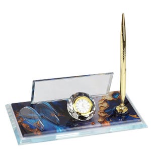 Placa de escritorio personalizada / Placa de escritorio de vidrio con reloj, bolígrafo y tarjetero, placa de escritorio personalizada, letrero de escritorio
