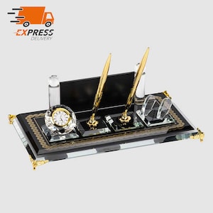 Placa de nombre de escritorio de lujo personalizada / Placa de nombre de escritorio de vidrio negro con reloj, porta bolígrafos, tarjetero, placa de nombre de escritorio personalizada, letrero de escritorio