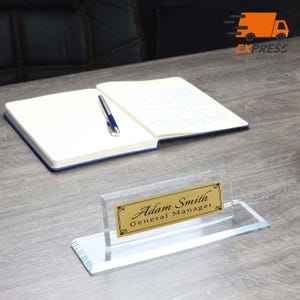 Placa de nombre de escritorio de lujo personalizada / Placa de nombre de escritorio de cristal transparente, Placa de nombre de escritorio personalizada, Letrero de oficina, Letrero de escritorio