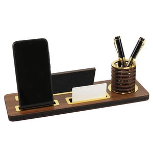 Personalized Wooden Desk Organizer: Walnut Pen & Card Holder