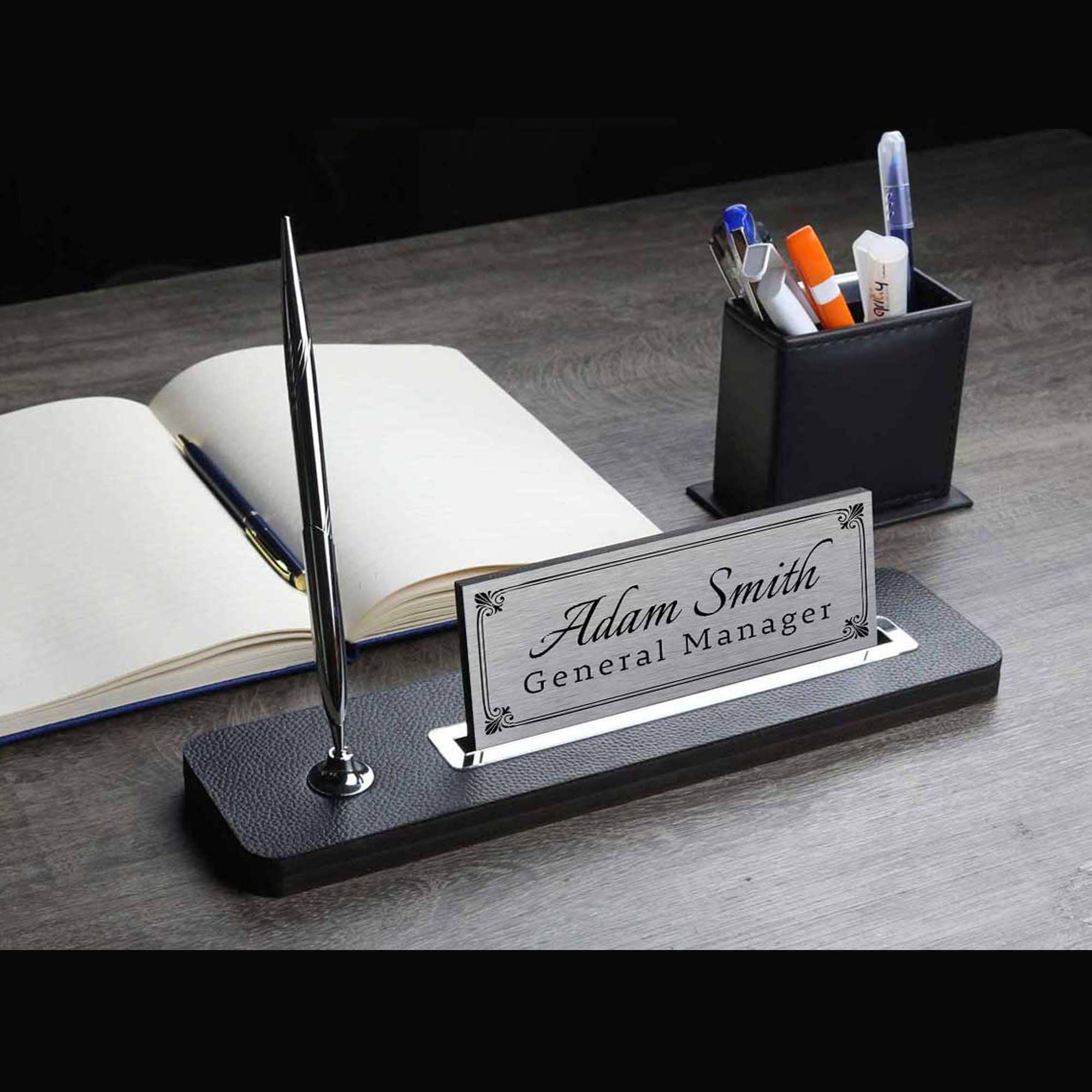 chrome steel pen holder with leather tray executive desk organizer