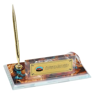 Plaque nominative de bureau personnalisée | Plaque signalétique de bureau en verre avec horloge, stylo et porte-cartes, plaque signalétique de bureau personnalisée, enseigne de bureau