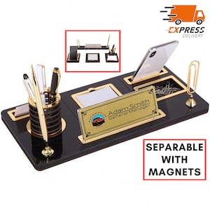 Plaque nominative de bureau de luxe personnalisée | Plaque signalétique de bureau en bois noir avec stylo et porte-cartes, accessoires de bureau personnalisés, enseigne de bureau