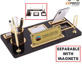 Organiseur de bureau personnalisé en bois : plaque signalétique en plexiglas, support pour stylo et téléphone