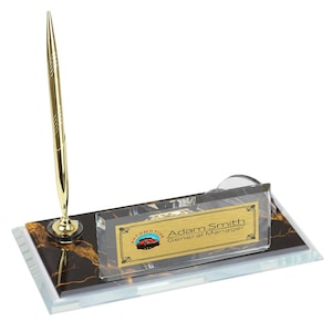 Plaque nominative de bureau personnalisée | Plaque signalétique de bureau en verre avec horloge, stylo et porte-cartes, plaque signalétique de bureau personnalisée, enseigne de bureau