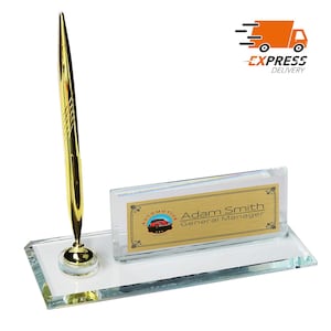 Placa de identificación de escritorio de lujo personalizada / Placa de identificación de escritorio de vidrio transparente con soporte para bolígrafo, placa de identificación de escritorio personalizada, letrero de oficina, letrero de escritorio