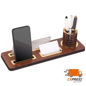 Personalisiertes Walnuss Schreibtisch Namensschild | Schreibtisch Namensschild aus Holz mit Stift und Kartenhalter, Schreibtisch Namensschild, Büroschild, Schreibtischschild