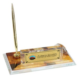 Plaque nominative de bureau personnalisée | Plaque signalétique de bureau en verre avec horloge, stylo et porte-cartes, plaque signalétique de bureau personnalisée, enseigne de bureau