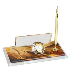 Placa de escritorio personalizada / Placa de escritorio de vidrio con reloj, bolígrafo y tarjetero, placa de escritorio personalizada, letrero de escritorio