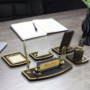 Juego de placas de identificación de escritorio de lujo personalizadas / Placa de identificación de escritorio de cuero negro con bolígrafo y tarjetero, placa de identificación de escritorio personalizada, letrero de escritorio