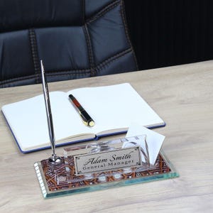 Plaque nominative de bureau personnalisée | Plaque signalétique de bureau en verre avec horloge, stylo et porte-cartes, plaque signalétique de bureau personnalisée, enseigne de bureau