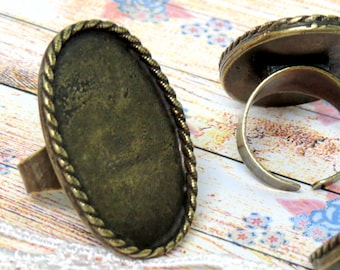 Big oval Antique Gold Bronze brass plated statement ring blank base setting for 22x35 mm cab , Adjustable wide band , oxidized rustic , Boho